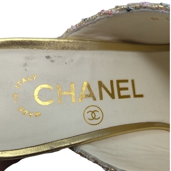 Chanel 2018 Mules Metallic Tweed Interlocking CC Logo Slide Neutral 37.5 - Picture 10 of 14